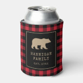 Red Buffalo Plaid With Bear Family Name  缶クーラー (缶正面)