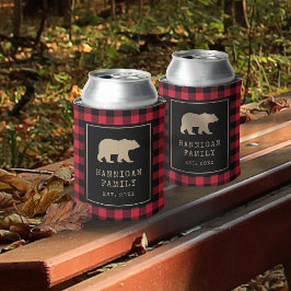 Red Buffalo Plaid With Bear Family Name  缶クーラー