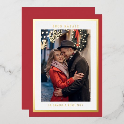 Red Buon Natale Simple Modern Photo 箔シーズンカード (正面/裏面)