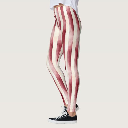 Red Burgundy Cream Stripes Christmas レギンス (左)