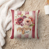 Red Burgundy Cream Stripes Floral Love クッション (ブランケット)