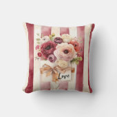 Red Burgundy Cream Stripes Floral Love クッション (正面)