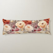 Red Burgundy Cream Stripes Flowers Leaves ボディピロー (裏面)