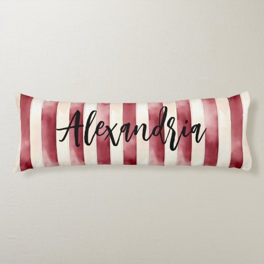 Red Burgundy Cream Stripes Flowers Leaves ボディピロー (正面)