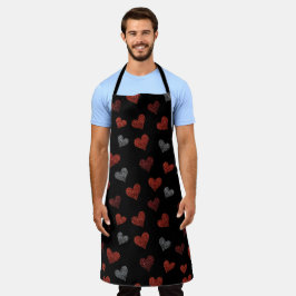 Red Burgundy Silver Glitter Hearts on Black エプロン