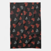 Red Burgundy Silver Glitter Hearts on Black キッチンタオル (縦)