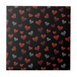 Red Burgundy Silver Glitter Hearts on Black タイル
