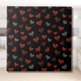 Red Burgundy Silver Glitter Hearts on Black タイル