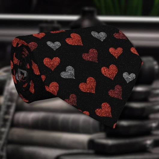 Red Burgundy Silver Glitter Hearts on Black ネクタイ