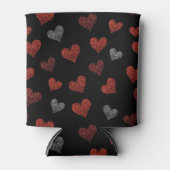 Red Burgundy Silver Glitter Hearts on Black 缶クーラー (正面)