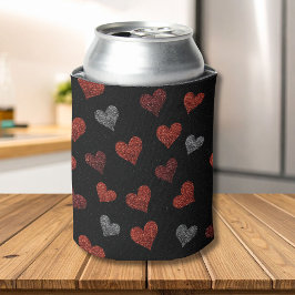 Red Burgundy Silver Glitter Hearts on Black 缶クーラー