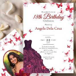 Red Butterflies Elegant Dress 18th Birthday Debut 招待状