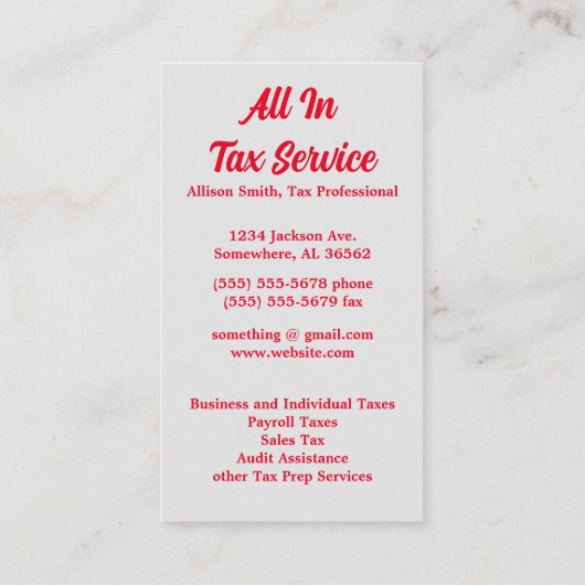 Red Calculator Tax Service 名刺 (裏面)