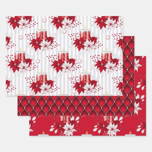 Red Candle & Poinsettia Peppermint Christmas ラッピングペーパーシート (セット)