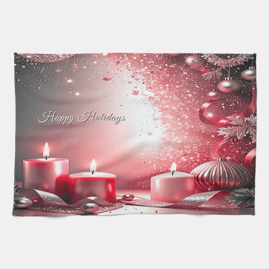 Red Candles Christmas Holiday Kitchen Towel キッチンタオル (横)
