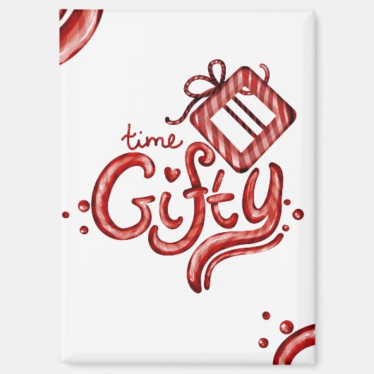 Red Candy Cane Christmas Decor “Gifty Time” マグネット (正面)