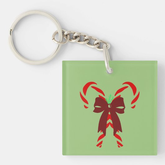 Red Candy Canes with Pine Needles & Bow キーホルダー (正面)