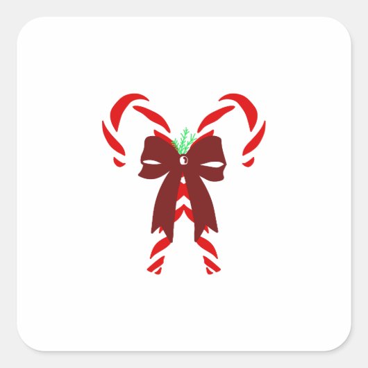 Red Candy Canes with Pine Needles & Bow スクエアシール (正面)