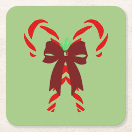 Red Candy Canes with Pine Needles & Bow スクエアペーパーコースター