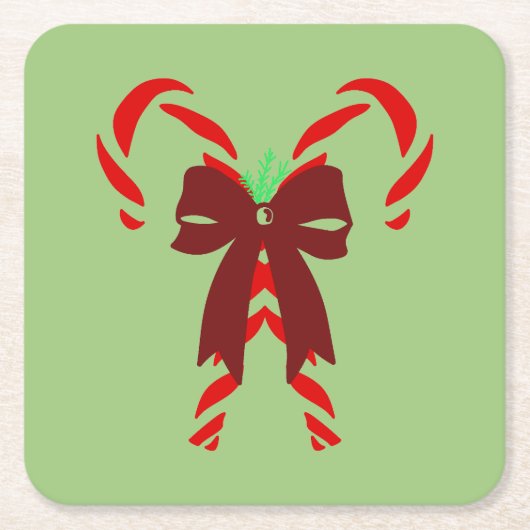 Red Candy Canes with Pine Needles & Bow スクエアペーパーコースター (正面)