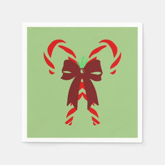 Red Candy Canes with Pine Needles & Bow スタンダードカクテルナプキン (正面)