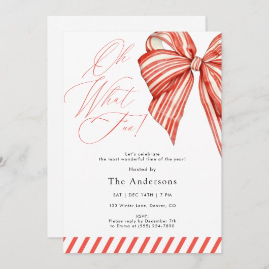 Red Candy Stripe Oh What Fun Christmas Party 招待状 (正面/裏面)