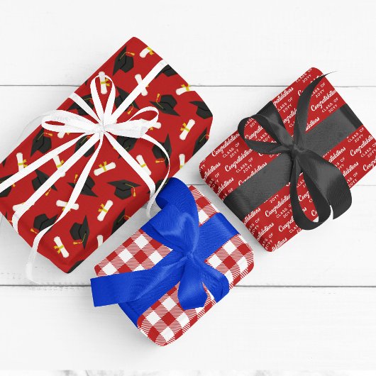 Red Caps Diplomas Mixed Graduation Patterns ラッピングペーパーシート