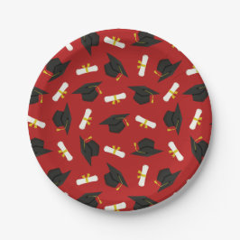 Red Caps Diplomas Pattern Graduation Party ペーパープレート