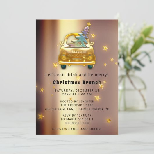 Red Car Christmas Brunch Dinner Tree Gold Stars 招待状 (スタンド正面)