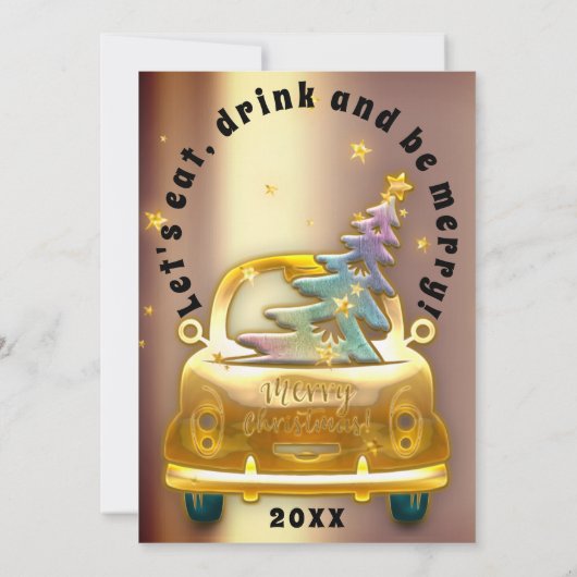 Red Car Christmas Brunch Dinner Tree Gold Stars 招待状 (裏面)