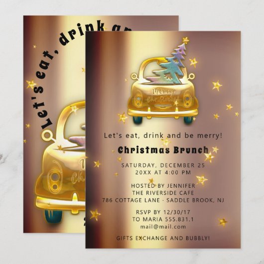 Red Car Christmas Brunch Dinner Tree Gold Stars 招待状 (正面/裏面)