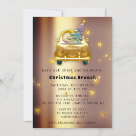Red Car Christmas Brunch Dinner Tree Gold Stars 招待状