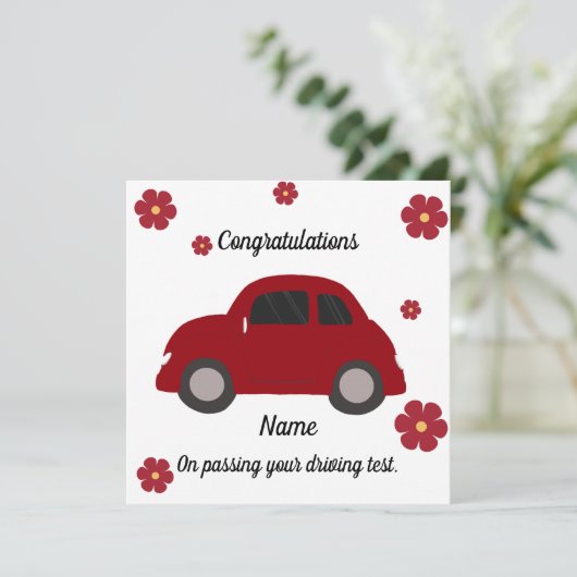 Red car flowers driving test congratulations card カード (スタンド正面)