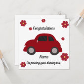 Red car flowers driving test congratulations card カード (正面/裏面インサイチュ)