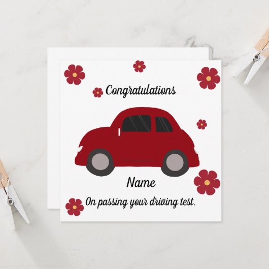Red car flowers driving test congratulations card カード (正面/裏面インサイチュ)