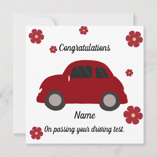 Red car flowers driving test congratulations card カード (正面)