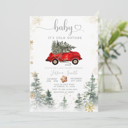 Red Car Pine Tree Winter Baby Shower Invitation 招待状 (スタンド正面)