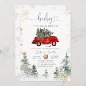 Red Car Pine Tree Winter Baby Shower Invitation 招待状 (正面/裏面)