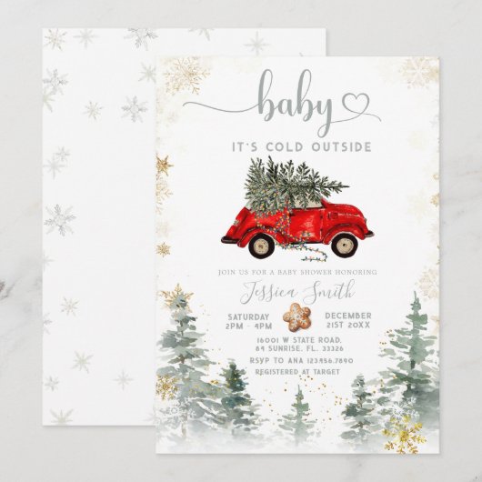 Red Car Pine Tree Winter Baby Shower Invitation 招待状 (正面/裏面)