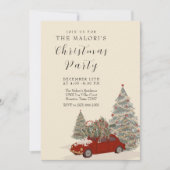 Red Car with Christmas Tree and Festive Winter Pin 招待状 (正面)