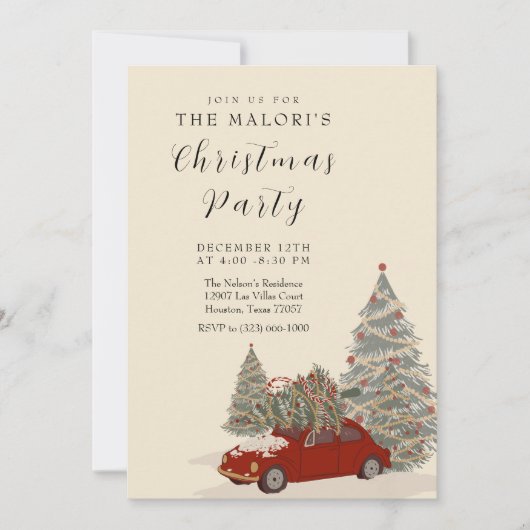 Red Car with Christmas Tree and Festive Winter Pin 招待状 (正面)