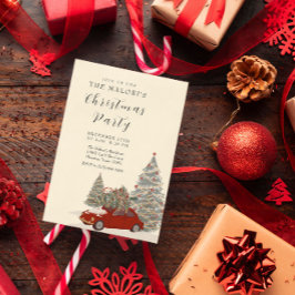 Red Car with Christmas Tree and Festive Winter Pin 招待状