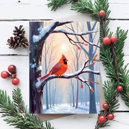 Red Cardinal | 冬の森のクリスマス水彩画 シーズンポストカード
