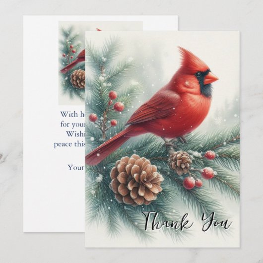 Red Cardinal Bird and Pine サンキューカード (正面/裏面)
