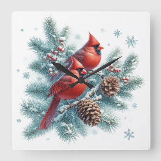 Red Cardinal Bird and Pine Wall Clock スクエア壁時計 (正面)