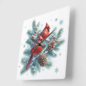 Red Cardinal Bird and Pine Wall Clock スクエア壁時計 (傾斜)