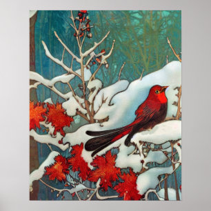 Red Cardinal Bird in the Snow ポスター