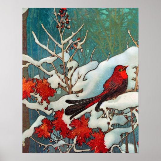 Red Cardinal Bird in the Snow ポスター (正面)