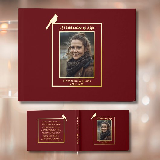 Red Cardinal Bird Real Foil Funeral Guest Book ゲストブック