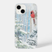Red Cardinal Bird Winter Snow Frosty Trees Forest iPhoneケース (裏面)